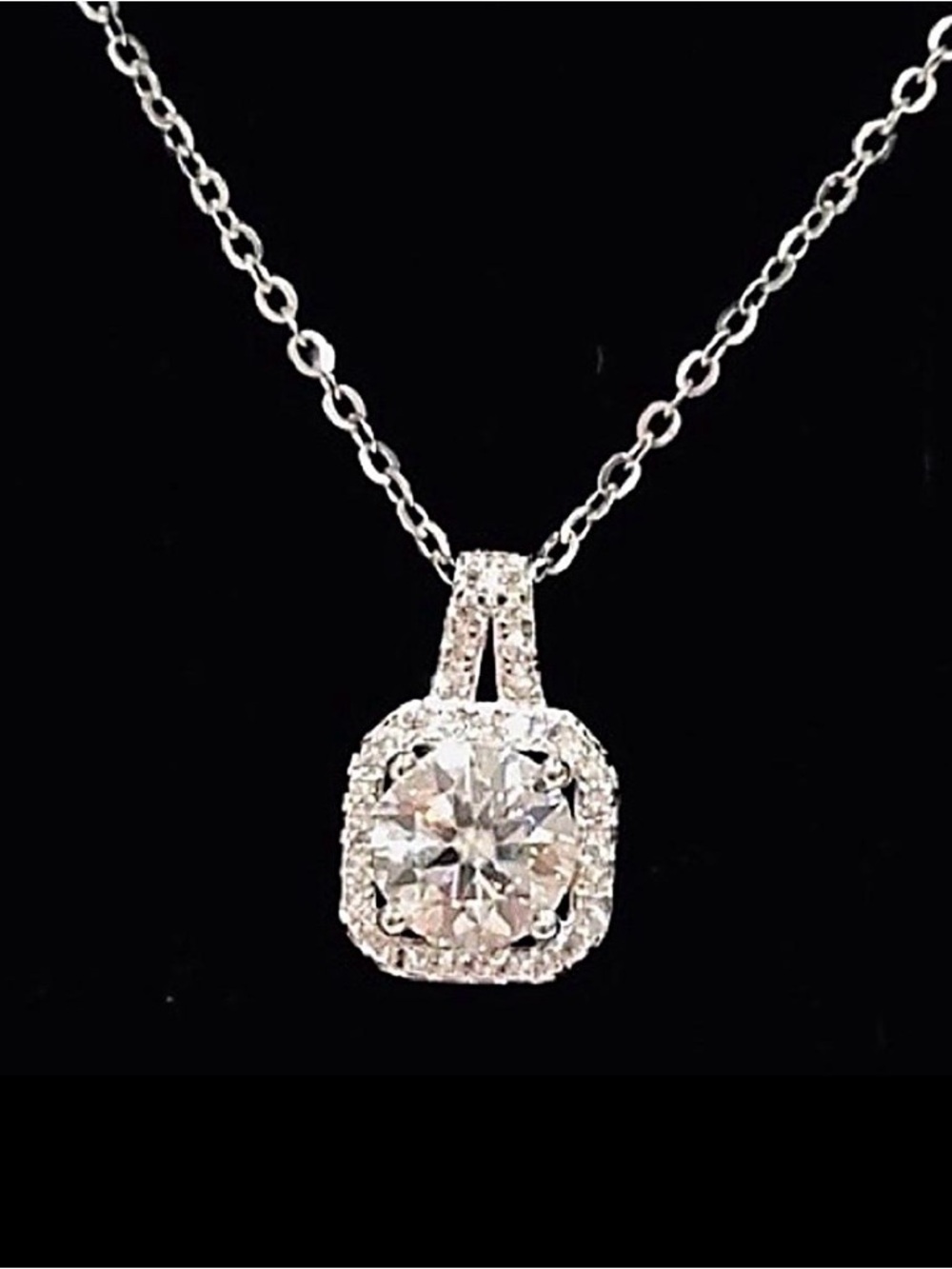 1Ct Cushion Cut Halo Moissanite Lab Created Diamond Sterling Silver Necklace NIB